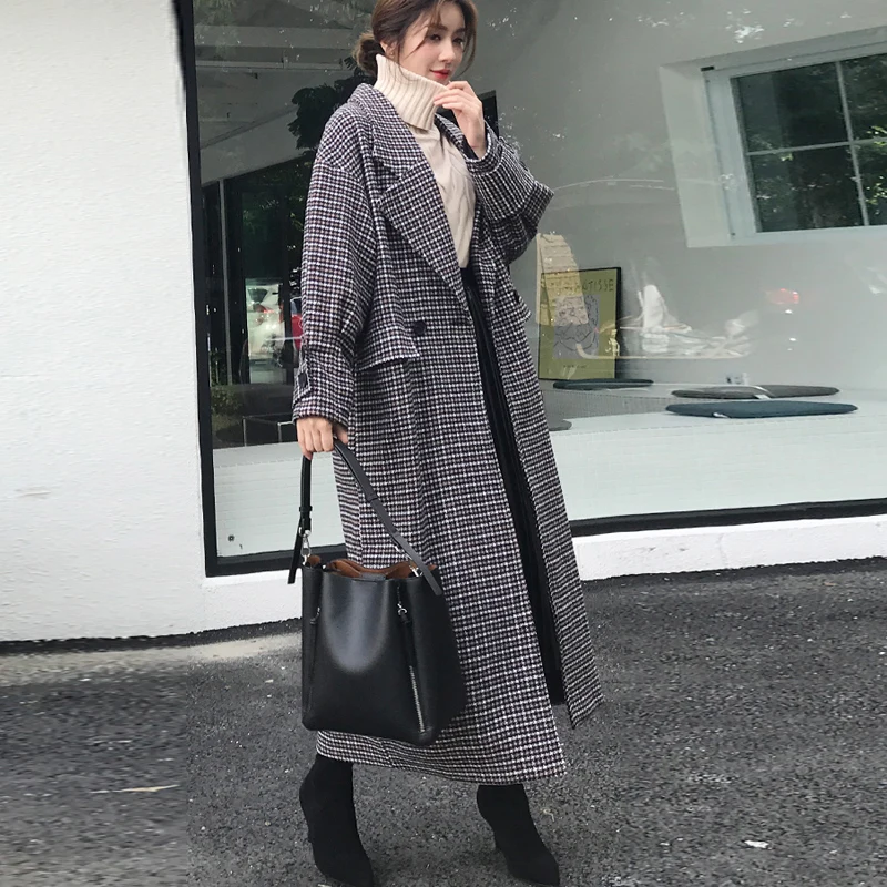 Plaid woolen coat double-breasted long autumn/winter women's jacket houndstooth falling shoulder long retro casual street coat