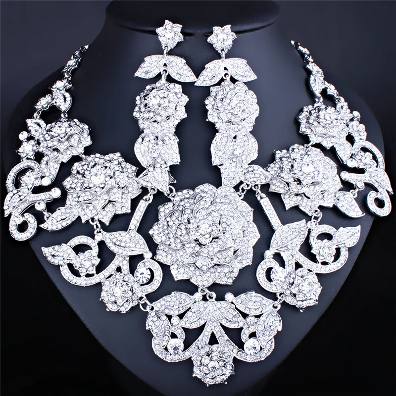 7 цветов лист с кристаллами стразами Цветущий богатый цветок серьги ожерелье ювелирный набор для женщин Свадебные украшения невесты - Окраска металла: White