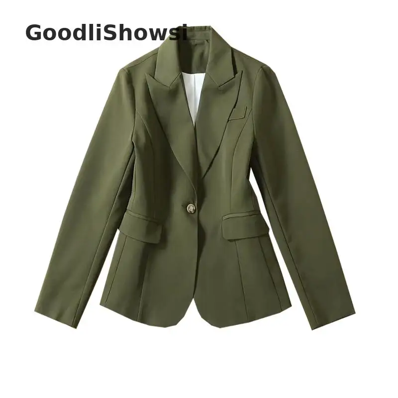 GoodliShowsi, Новое поступление, модные повседневные женские блейзеры, топ с зазубринами, на одной пуговице, с карманами, приталенный, армейский зеленый костюм, куртки