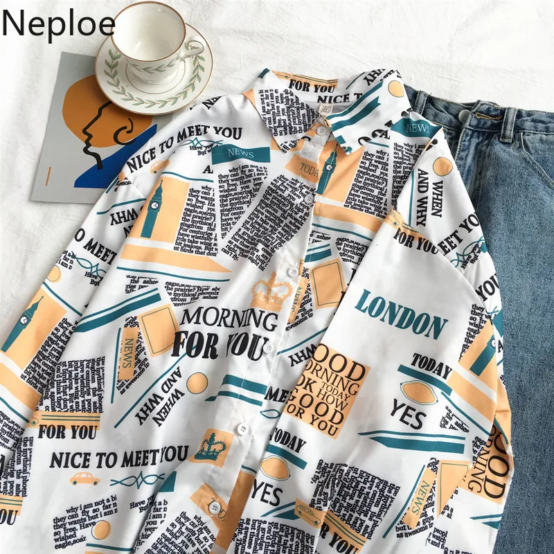 Neploe/рубашка с отложным воротником и буквенным принтом; рубашка с длинными рукавами; сезон осень-весна; Новинка года; Свободная Повседневная блуза; блуза с одной грудью