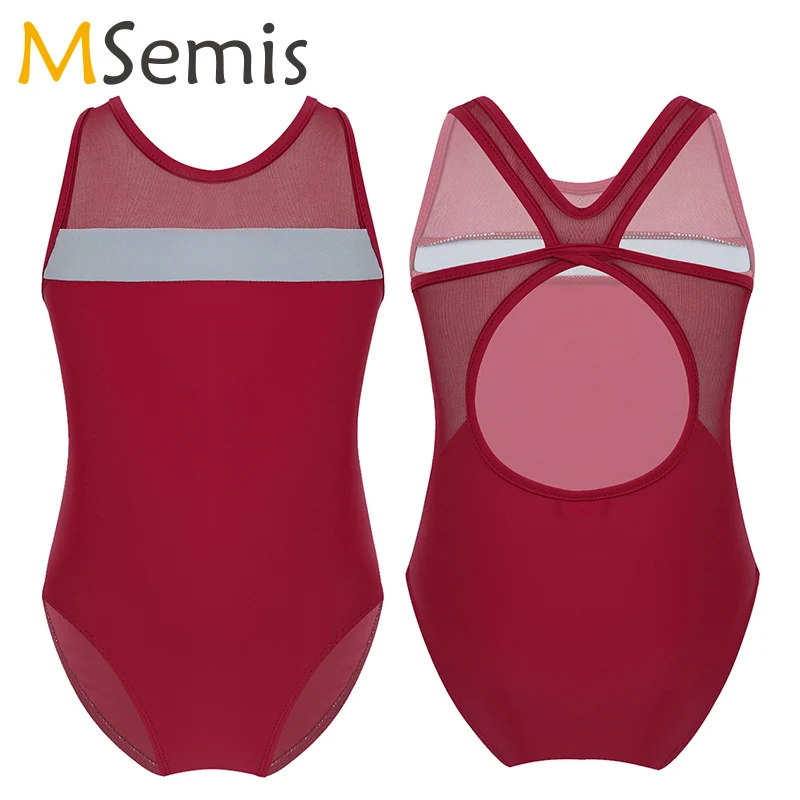 

Girls Leotard Ballet ballerina Dress Kids Costume Gymnastics Leotard Sleeveless Mesh Splice Criss Cross Cutouts Back Dance Tops