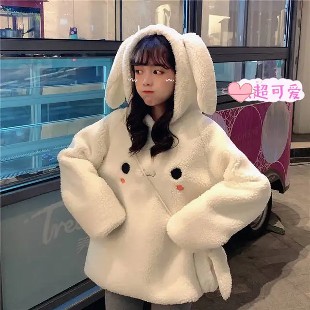 Loose Bunny Ear Hoodies For Women Warm Long Sleeve Sweet Kawaii Rabbit Bag Hooded Female 2020 Autumn Winter  Cute Sweatshirt 1