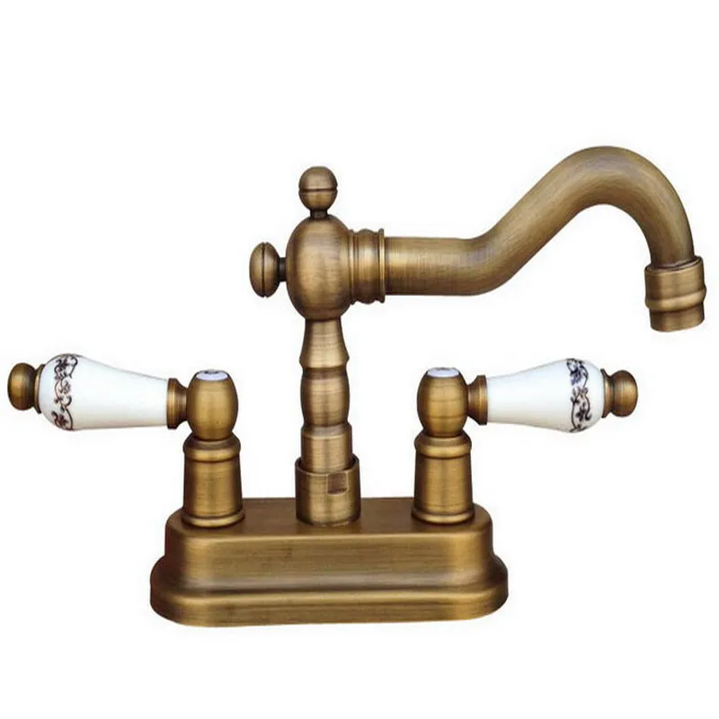 Antique Brass 4" Centerset Bathroom Two Holes Basin Faucet Sink Mixer Tap Swivel Spout Double Ceramic Levers mnf327