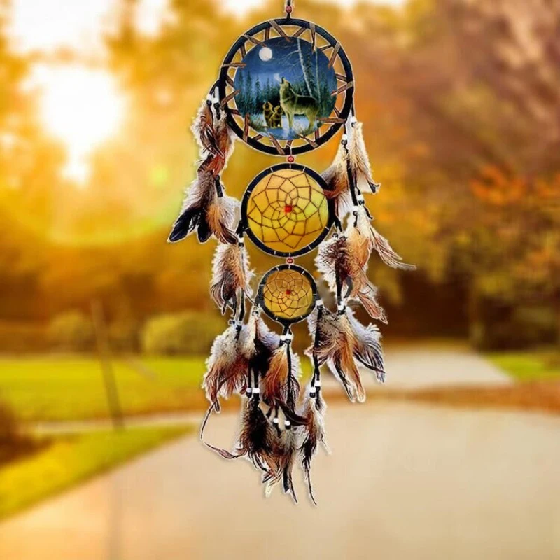 Dream Catcher Wall Decoration Handmade Dream Catcher Creative Wall Decorations Wolf Pattern Boho Retro Feathers Ornament Home Room Hanging Decor