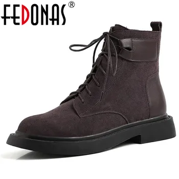 

FEDONAS 2020 Short Boots Women Genuine Leather Lace Up Side Zipper Ankle Boots Party Shoes Woman Autumn Winter Boots Boots