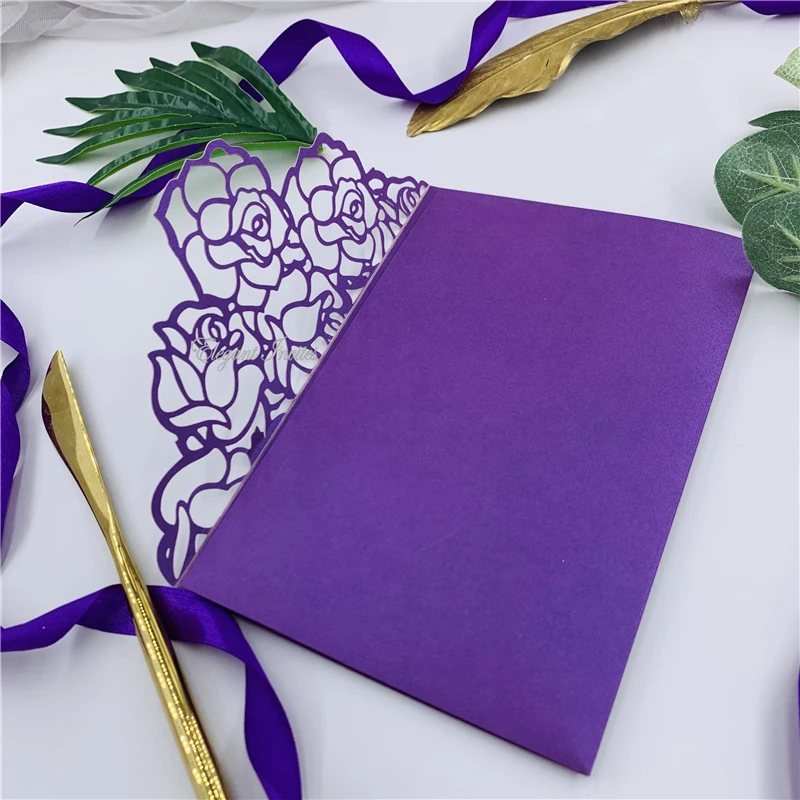 Special Plum Tri-fold Laser Cut Wedding Invitations With RSVP Card& Belly Band, Laser Invites For Weddings&Event