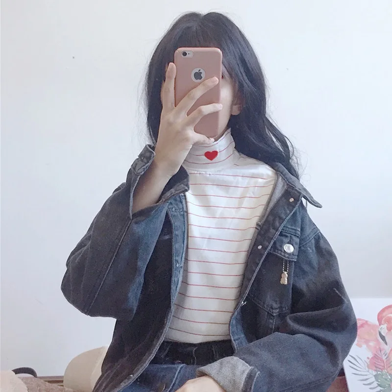 Водолазка женская полосатая футболка женская с длинным рукавом Тонкая Harajuku стиль сердце вышивка женский джемпер футболки