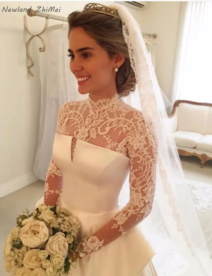 Vestido De Noiva Дубай винтажное мусульманское свадебное платье с длинными рукавами, королевское атласное свадебное платье с открытой спиной и вуалью