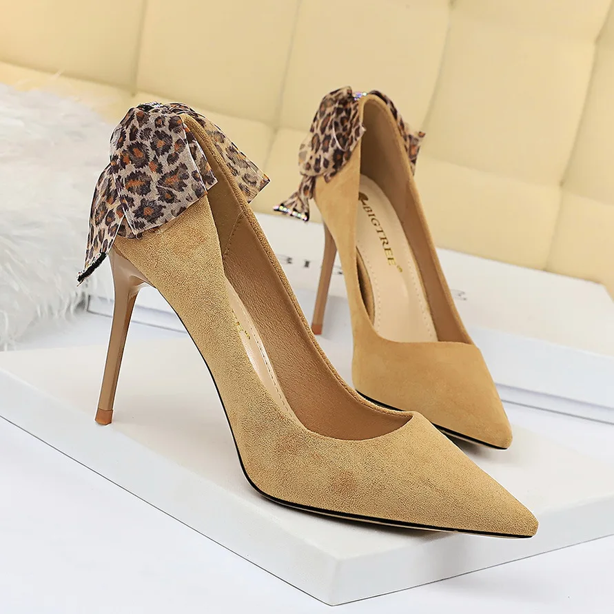 khaki BIGTREE/Женская обувь на высоком каблуке с бантом-бабочкой; модные женские туфли-лодочки на тонком каблуке; обувь с острым носком; красные свадебные туфли; желтые вечерние туфли - Цвет: khaki