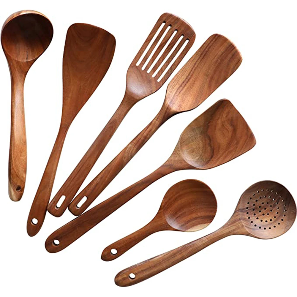 Set Di 5 Utensili Da Cucina In Legno Di Teak Biologico - Cucchiai E Spatole Per Pentole Antiaderenti - Regalo Per Chef