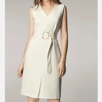

Women Office Ladies Elegant Dress Sleeveless Spring Summer V Neck Front Split Slim Fit Female Robe Dresses With Belt