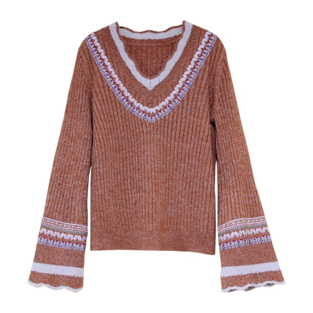 Spring Women Embroidery Loose Sweater 2020 Knitting Cotton Wool Pullover Flare Sleeve V neck Christmas bottoming Sweaters 9268 (18)
