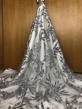 

2020 silver color african french net lace fabric with glued gilliter JOY-22601 african tulle lace fabric with shinning sequins