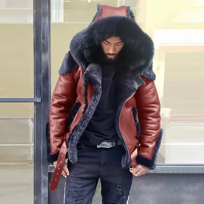 swagger jacket ファー付き 冬のメンズジャケット：シープスキンレザーシアリングファーコート