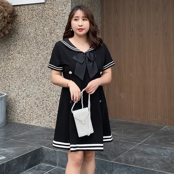 

Women's summer solid color navy collar contrast color commuter dress plus size knee length casual dress 100 kg can wear