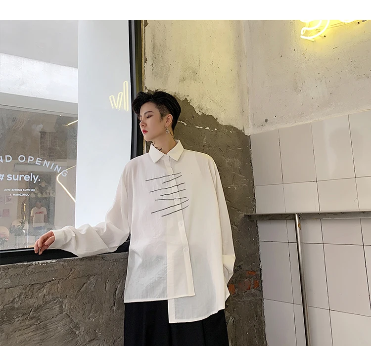 Men Long Sleeve Embroidery Irregular Casual Black White Shirt Male Streetwear Hip Hop Gothic Japan Dress Shirt