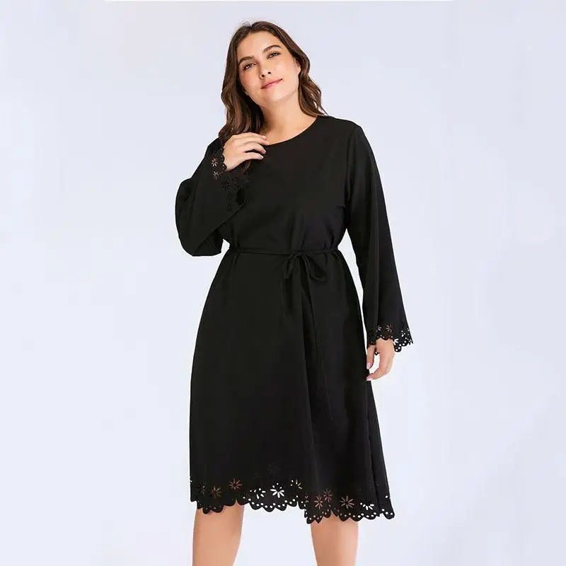 

XL-4XL Autumn Plus size Women Black Dress Casual Long Sleeve 2019 Large size Dress Hollow out Big Size Elegant Long Party Dress
