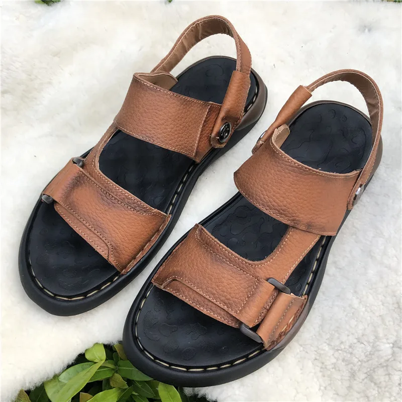 Cow Leather Men's None-slip Sandals Summer Beach Shoes Man Causl Outdoor Flats High Quality