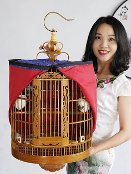 

Hand-made bamboo thrush cage myna bird cage boutique large set of old bamboo two-door carving longyi long cage