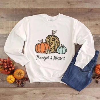 

Thankful & Blessed Print Sweatshirt Women Thanksgiving Hoodies O Neck Long Sleeve Pumpkin Graphic Tops 90s Outfits Dropshipping