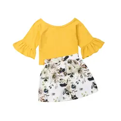 Комплекты одежды для новорожденных и маленьких девочек желтая футболка с расклешенными рукавами топ + юбка с цветами осенний комплект