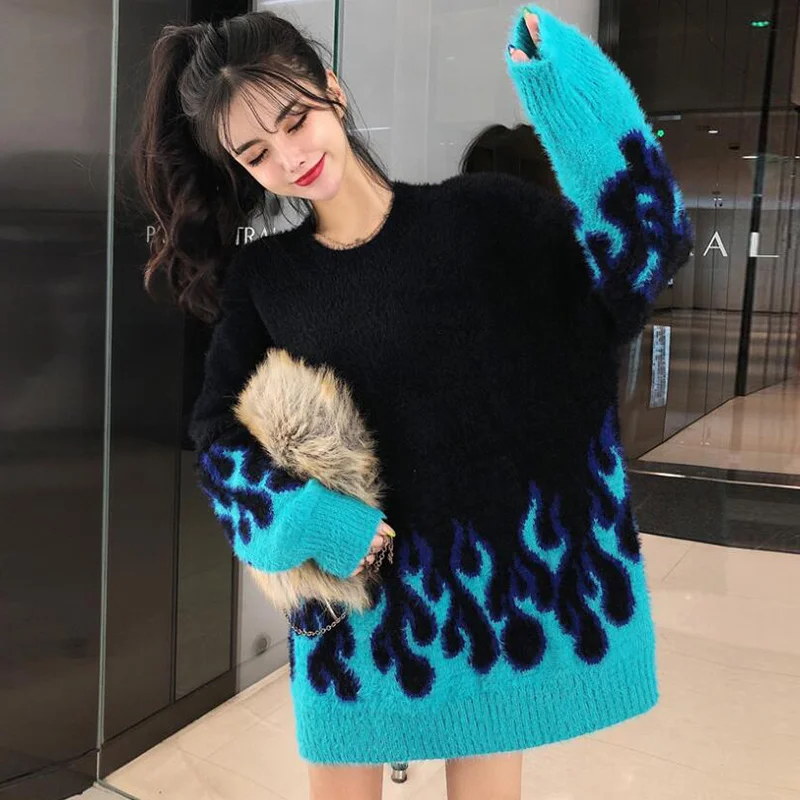 Autumn and winter fashion flame pattern loose long sleeve sweater women 2020 Dropshipping
