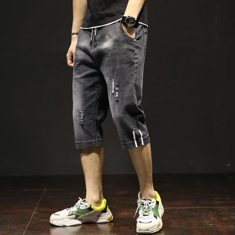 Summer Mens Streetwear Fashion Casual Straight Denim Shorts Loose Ripped Pants Drawstring Breeches Cowboy Cropped Jeans