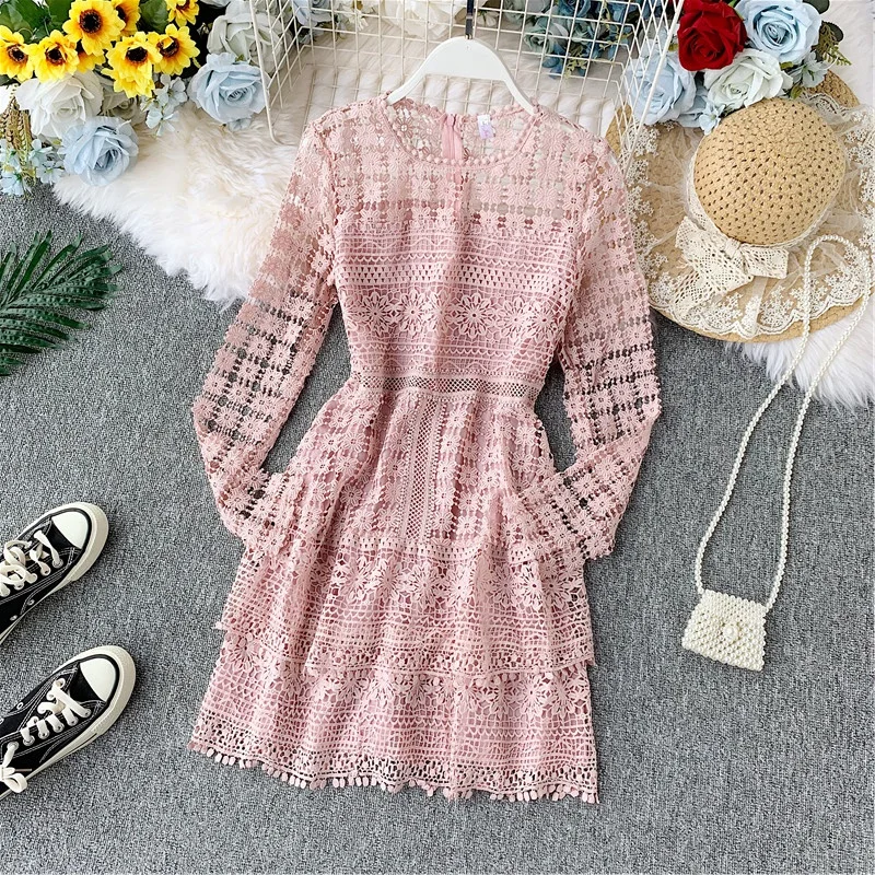 

LISM Korean Elegant Hollow Out Lace Robe Femme Mutil Layers 2019 Autumn Long Sleeve High Waist Women Mini Pink Party Dress