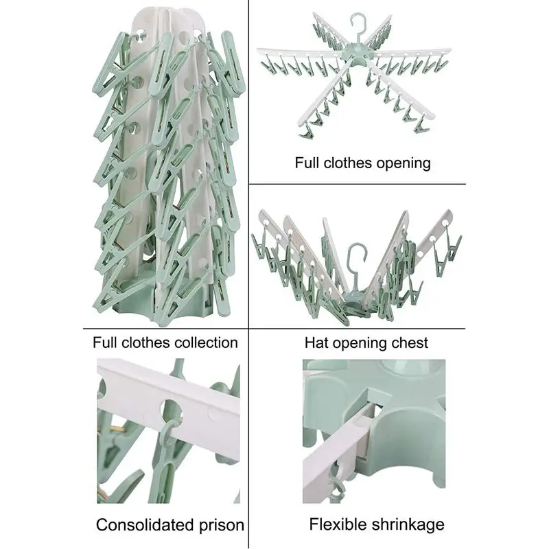Swivel Hook Plastic 36 Pegs Drying Rack Clothes Hanger for Underwear Socks Gloves(Green