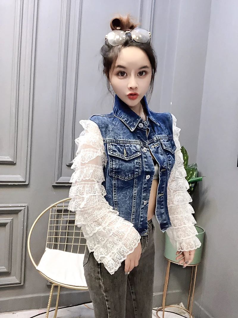 Новая кружевная Лоскутная джинсовая куртка Женская Осенняя тонкая джинсовая куртка с длинным рукавом женские милые повседневные куртки укороченный топ пальто