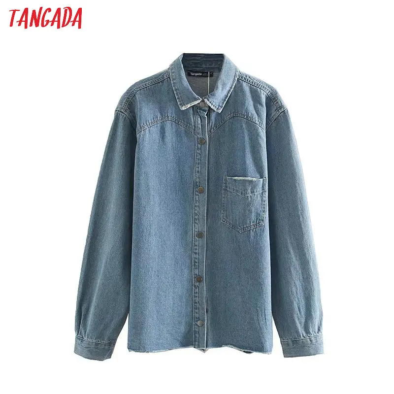 Tangada Модные женские джинсовые куртки с дырками женские Синие Большие джинсовые пальто с карманами верхняя одежда 4M25