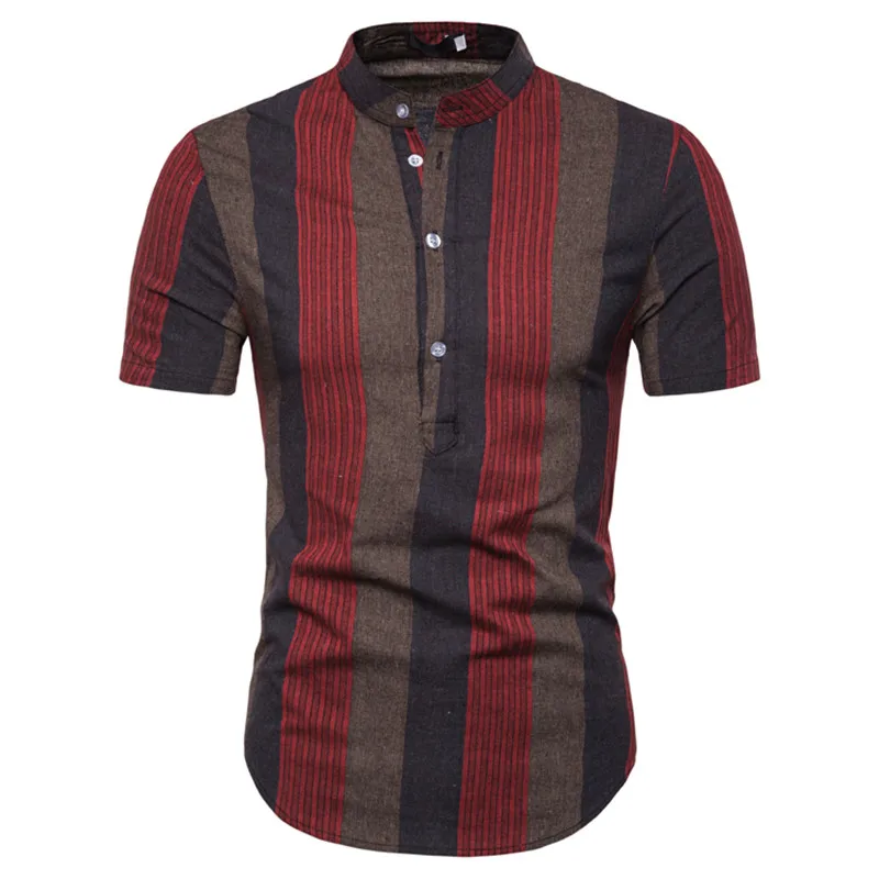 Meilleur Hommes à manches courtes chemise hommes mode rayure couleur plate col montant chemise pour jeune 2019 été Europe taille S 2XL chemises minces