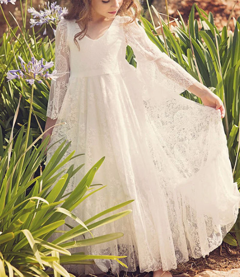 Cheap Kids Formal Wears Girls Birthday Dresses Long Sleeves Empire Boho Summer Beach Flower Girl Dresses For Garden Weddings