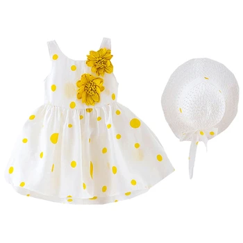 

Baby Girl above knee mini dresses+Hat set Dot Printed Pleated a-line sleeveless dress birthday beach Clothes Outfits robe A40
