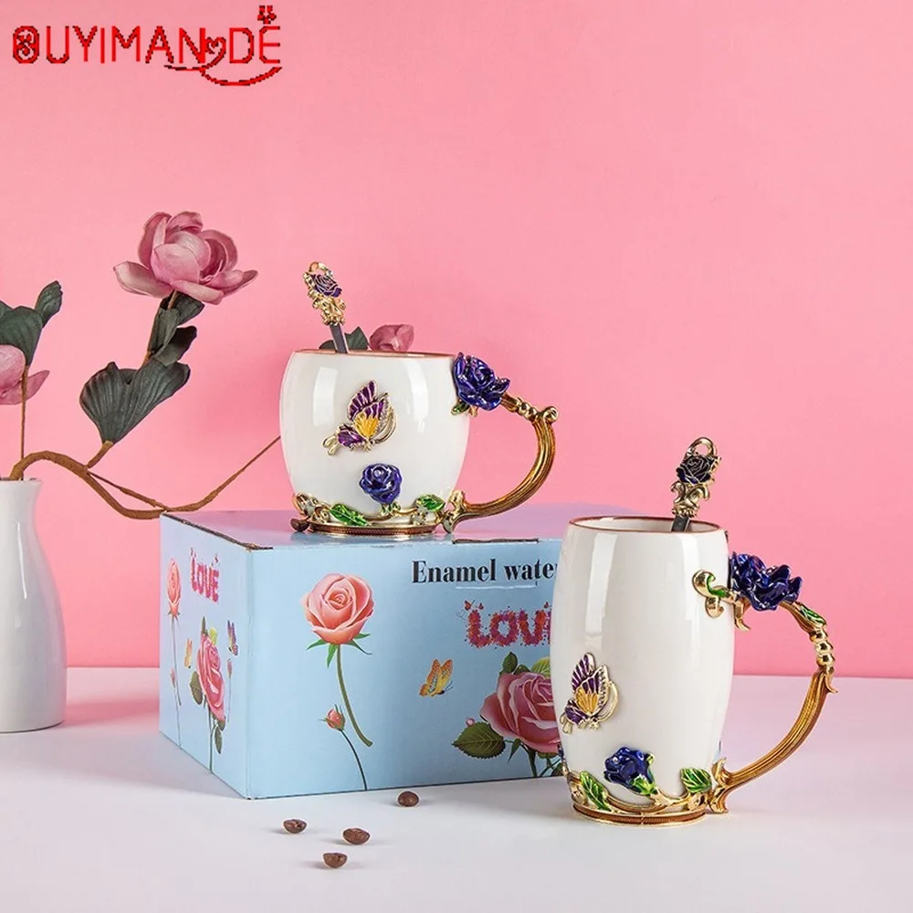 

2020 New European style rose ceramics Coffee mug Enamel handmade water cup Home coffee cup Breakfast milk cup Wedding Gifts