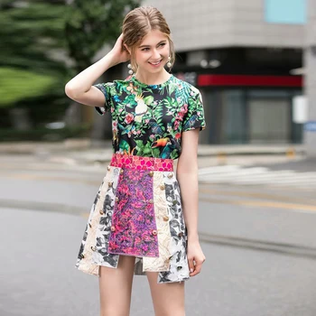 

HIGH QUALITY New Fashion 2019 Runway Suit Set Women's Vintage Floral T-shirt Jacquard Skirt Set