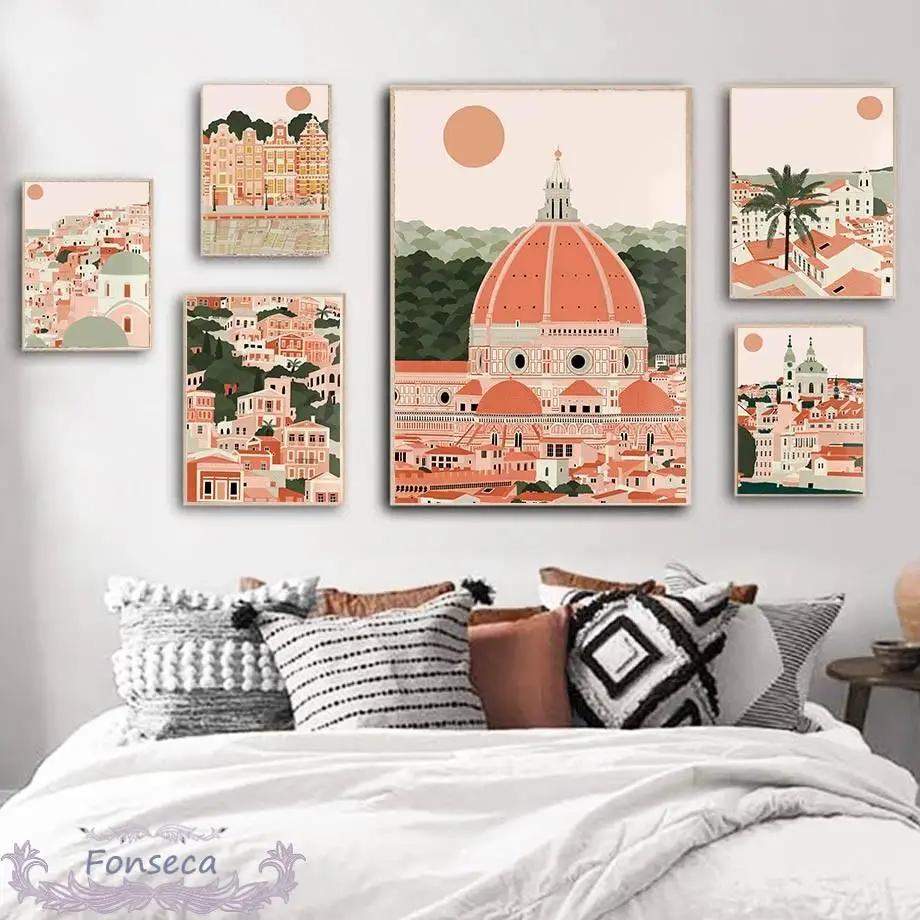 Famosa Architettura City Poster Paris Tower Church Tree Sun Canvas Painting Nordic Wall Art Decoration For Living Room