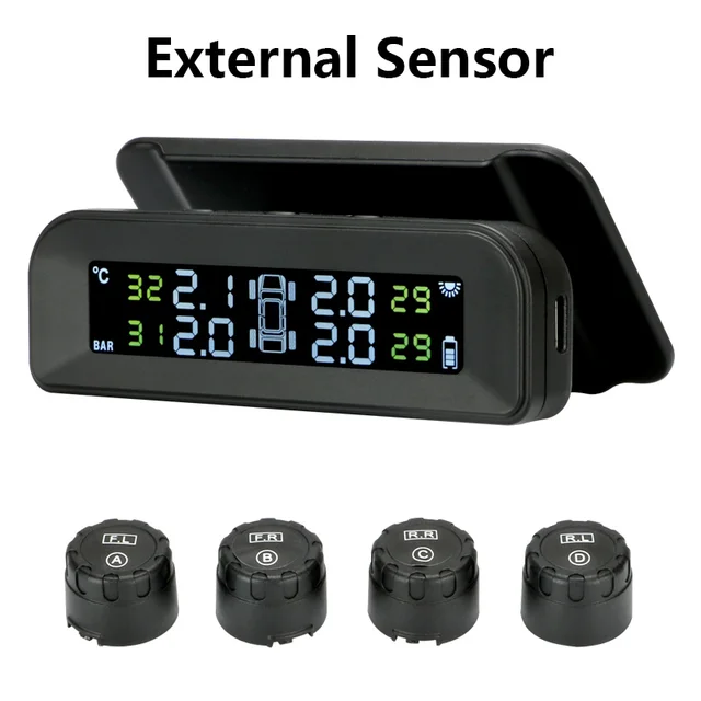 TPMS Car Tire Pressure Monitor System Automatic Brightness Control Attached to Glass wireless Solar Power tpms with 4 Sensors External sensors