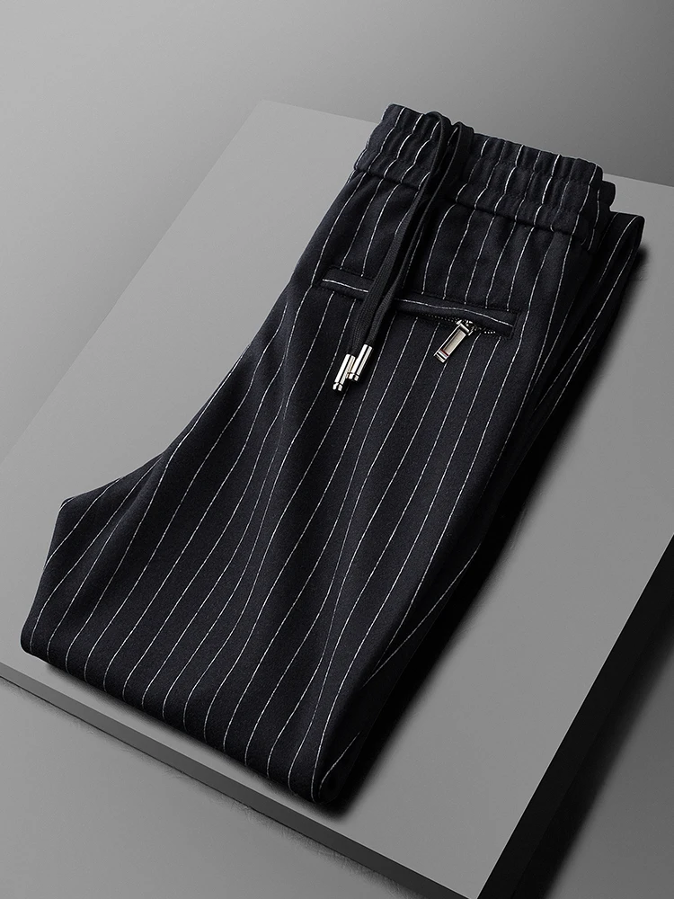 

Wool Mens Luxury Elastic Waist Stripe Casual Man Pants Autumn And Winter Slim Fit Thick Male Trousers Plus Size 40