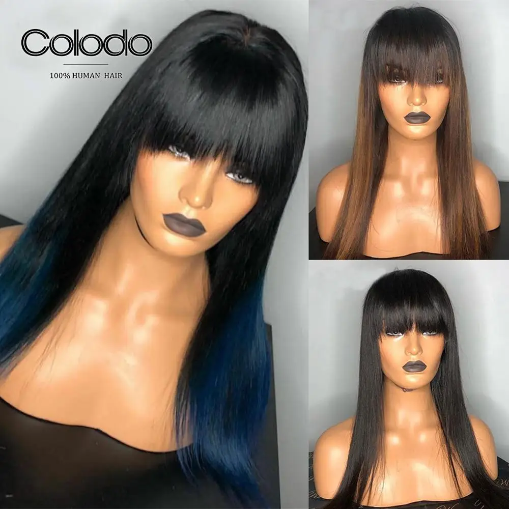 

COLODO Blue Color Ombre Human Hair Wigs With Bangs Remy 13x6 Straight Wig Brown Color Lace Front Human Hair Wigs for Black Women