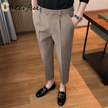 

2021 Casual Pants Men Slim Fit Business Dress Pants Ankle Length Streetwear Office Social Suit Trousers Black Grey Khaki