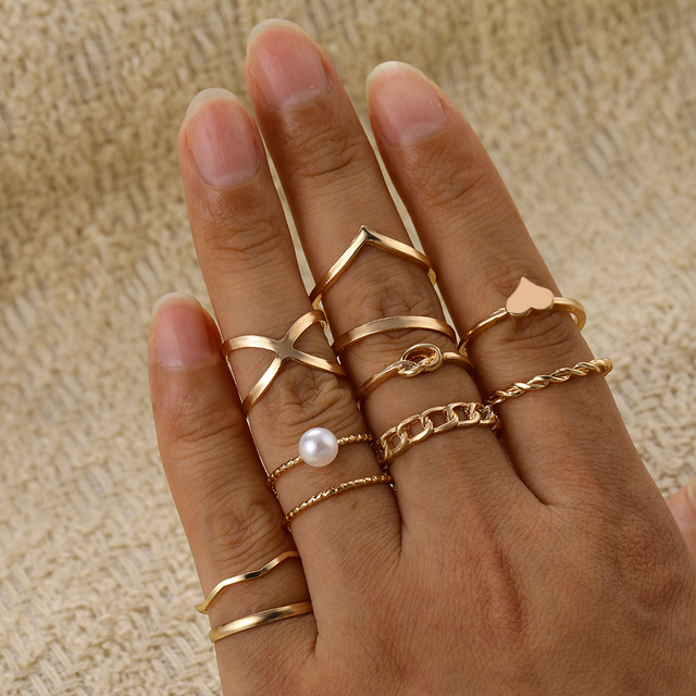 Gold Twist Pearl Pearl Rings Set Fashion Geometric Hollow Crystal Ring For Women Heart Joint Rings Boho Jewelr Accessories