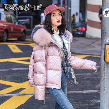

TWOTWINSTYLE Casual Patchwork Fur Womens Cotton Coats Long Sleeve Zipper Female Pocket Parkas 2020 Warm Thick Winter Fashion New