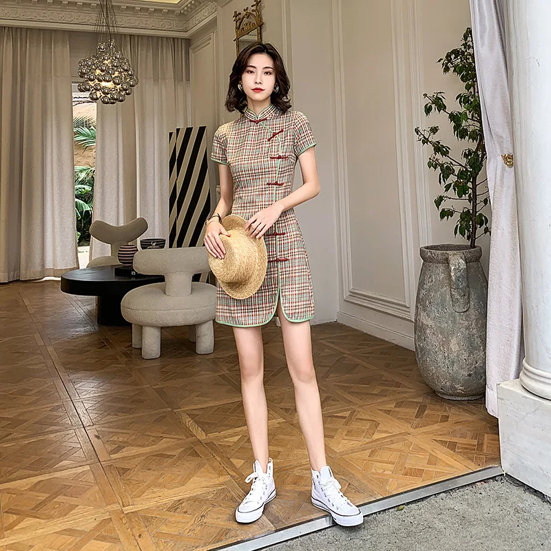 

Plaid chinese dresses Classi Cotton Qipao Daily Dress Oriental Style Cheongsam Modern