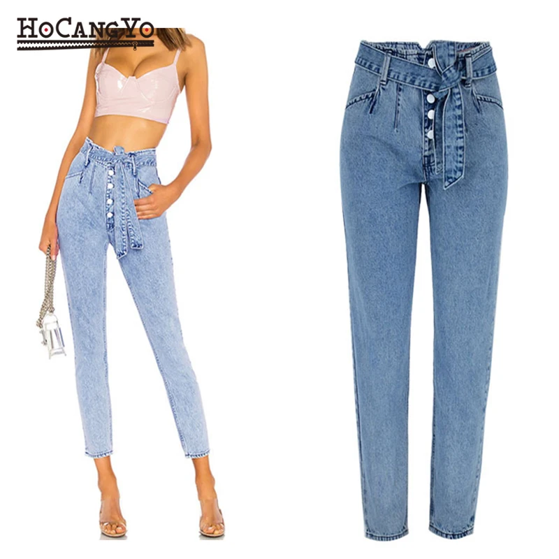 

Spring Womens High Waist Jeans Fashion Washed Vintage Denim Pants Women High Street 100% Cotton Denim Jeans Trousers with Sashes
