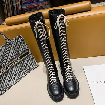 

Knee High Boots Lace Up Women Motorcycle Boots Women Punk Shoes Pu Leather Platform Boots Winter Shoes Botas Altas Mujer