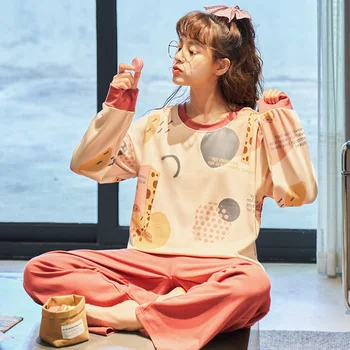 

2020 Pure Cotton Pajamas Women's Autumn Winter Long-sleeved 2 Piece Set Loose and Can Be Worn Outside Cute Plus Size Home Suit