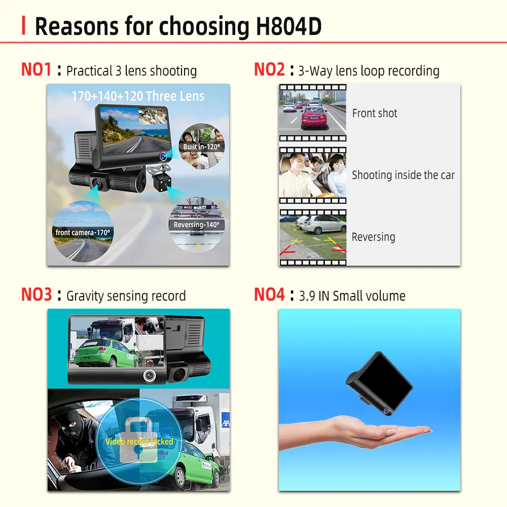 " HD 1080P Автомобильный видеорегистратор с 3 объективами, камера заднего вида, детектор движения, видео регистратор, Автомобильный регистратор Dvrs H804