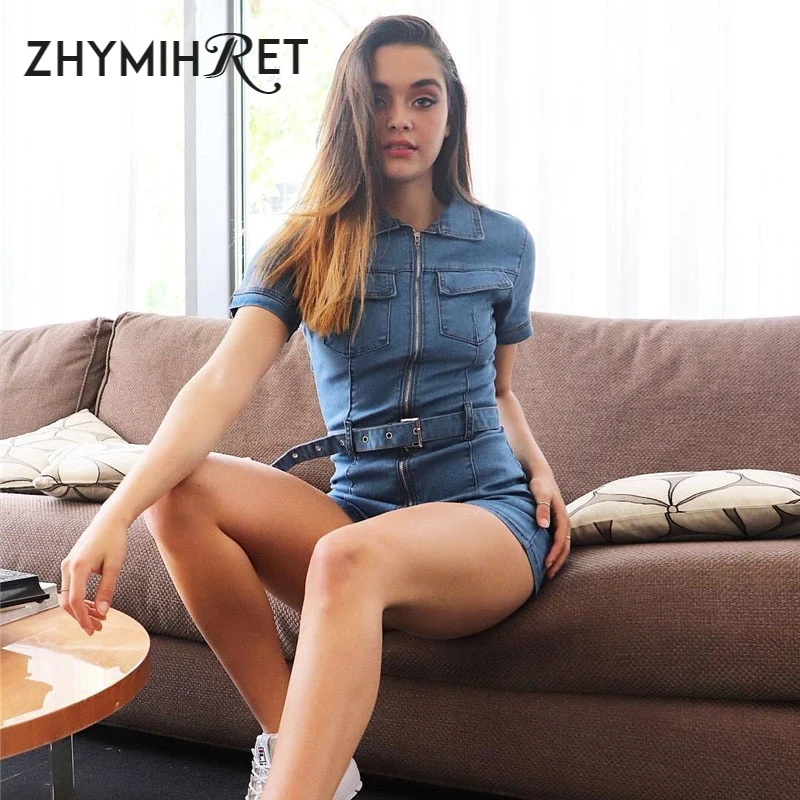 Женский джинсовый комбинезон ZHYMIHRET с отложным воротником и коротким рукавом