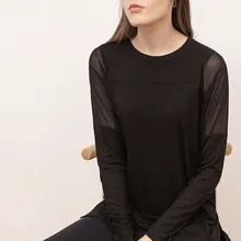 Best Price Autumn and Winter top WOMEN'S Dress Gauze Joint Perspective Elegant Long Sleeve Crew Neck Large Size Loose T-shirt woman tshirts